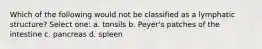 Which of the following would not be classified as a lymphatic structure? Select one: a. tonsils b. Peyer's patches of the intestine c. pancreas d. spleen