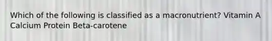 Which of the following is classified as a macronutrient? Vitamin A Calcium Protein Beta-carotene