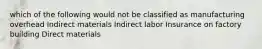 which of the following would not be classified as manufacturing overhead Indirect materials Indirect labor Insurance on factory building Direct materials