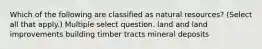 Which of the following are classified as natural resources? (Select all that apply.) Multiple select question. land and land improvements building timber tracts mineral deposits