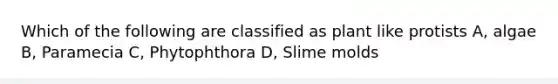 Which of the following are classified as plant like protists A, algae B, Paramecia C, Phytophthora D, <a href='https://www.questionai.com/knowledge/kHvmUbfxIK-slime-molds' class='anchor-knowledge'>slime molds</a>