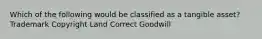 Which of the following would be classified as a tangible asset? Trademark Copyright Land Correct Goodwill