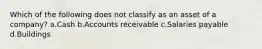 Which of the following does not classify as an asset of a company? a.Cash b.Accounts receivable c.Salaries payable d.Buildings