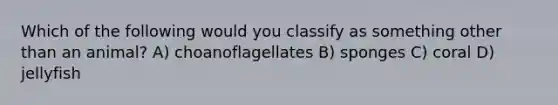 Which of the following would you classify as something other than an animal? A) choanoflagellates B) sponges C) coral D) jellyfish