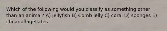 Which of the following would you classify as something other than an animal? A) jellyfish B) Comb jelly C) coral D) sponges E) choanoflagellates