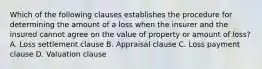 Which of the following clauses establishes the procedure for determining the amount of a loss when the insurer and the insured cannot agree on the value of property or amount of loss? A. Loss settlement clause B. Appraisal clause C. Loss payment clause D. Valuation clause