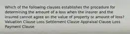 Which of the following clauses establishes the procedure for determining the amount of a loss when the insurer and the insured cannot agree on the value of property or amount of loss? Valuation Clause Loss Settlement Clause Appraisal Clause Loss Payment Clause