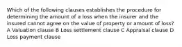 Which of the following clauses establishes the procedure for determining the amount of a loss when the insurer and the insured cannot agree on the value of property or amount of loss? A Valuation clause B Loss settlement clause C Appraisal clause D Loss payment clause