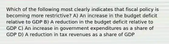 Which of the following most clearly indicates that fiscal policy is becoming more restrictive? A) An increase in the budget deficit relative to GDP B) A reduction in the budget deficit relative to GDP C) An increase in government expenditures as a share of GDP D) A reduction in tax revenues as a share of GDP