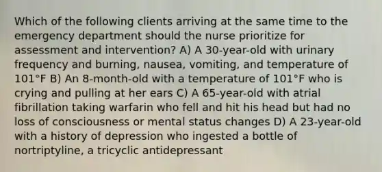 Which of the following clients arriving at the same time to the emergency department should the nurse prioritize for assessment and intervention? A) A 30-year-old with urinary frequency and burning, nausea, vomiting, and temperature of 101°F B) An 8-month-old with a temperature of 101°F who is crying and pulling at her ears C) A 65-year-old with atrial fibrillation taking warfarin who fell and hit his head but had no loss of consciousness or mental status changes D) A 23-year-old with a history of depression who ingested a bottle of nortriptyline, a tricyclic antidepressant