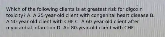 Which of the following clients is at greatest risk for digoxin toxicity? A. A 25-year-old client with congenital heart disease B. A 50-year-old client with CHF C. A 60-year-old client after myocardial infarction D. An 80-year-old client with CHF