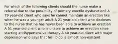 For which of the following clients should the nurse make a referral due to the possibility of primary erectile dysfunction? A 79 year-old client who says he cannot maintain an erection like when he was a younger adult A 21 year-old client who discloses to the nurse that he has never been able to achieve an erection A 51 year-old client who is unable to achieve an erection since starting antihypertensive therapy A 40 year-old client with major depression who says that his libido is almost non-existent