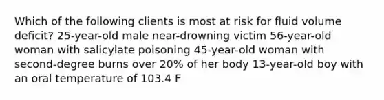 Which of the following clients is most at risk for fluid volume deficit? 25-year-old male near-drowning victim 56-year-old woman with salicylate poisoning 45-year-old woman with second-degree burns over 20% of her body 13-year-old boy with an oral temperature of 103.4 F