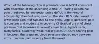 Which of the following clinical presentations is MOST consistent with dissection of the ascending aorta? A) Tearing abdominal pain unrelieved by analgesia, pulse deficit in the femoral arteries, lightheadedness, blood in the stool B) Sudden onset of lower back pain that radiates to the groin, urge to defecate, pain is constant and moderate in severity C) Gradual onset of chest pressure that increases in severity over time, hypotension, tachycardia, bilaterally weak radial pulses D) Acute tearing pain in between the scapulae, blood pressure discrepancy between arms, maximal pain severity from the onset