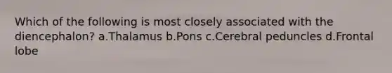 Which of the following is most closely associated with the diencephalon? a.Thalamus b.Pons c.Cerebral peduncles d.Frontal lobe