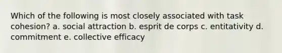 Which of the following is most closely associated with task cohesion? a. social attraction b. esprit de corps c. entitativity d. commitment e. collective efficacy