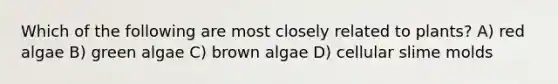 Which of the following are most closely related to plants? A) red algae B) green algae C) brown algae D) cellular slime molds