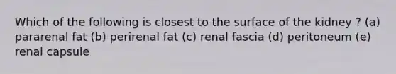 Which of the following is closest to the surface of the kidney ? (a) pararenal fat (b) perirenal fat (c) renal fascia (d) peritoneum (e) renal capsule