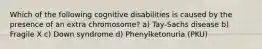 Which of the following cognitive disabilities is caused by the presence of an extra chromosome? a) Tay-Sachs disease b) Fragile X c) Down syndrome d) Phenylketonuria (PKU)