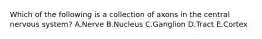 Which of the following is a collection of axons in the central nervous system? A.Nerve B.Nucleus C.Ganglion D.Tract E.Cortex