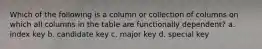 Which of the following is a column or collection of columns on which all columns in the table are functionally dependent? a. index key b. candidate key c. major key d. special key