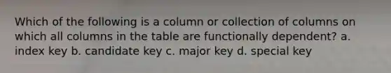 Which of the following is a column or collection of columns on which all columns in the table are functionally dependent? a. index key b. candidate key c. major key d. special key