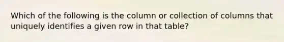 Which of the following is the column or collection of columns that uniquely identifies a given row in that table?