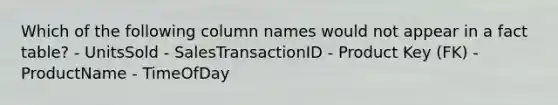 Which of the following column names would not appear in a fact table? - UnitsSold - SalesTransactionID - Product Key (FK) - ProductName - TimeOfDay