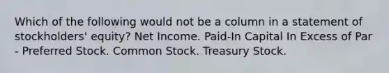 Which of the following would not be a column in a statement of stockholders' equity? Net Income. Paid-In Capital In Excess of Par - Preferred Stock. Common Stock. Treasury Stock.