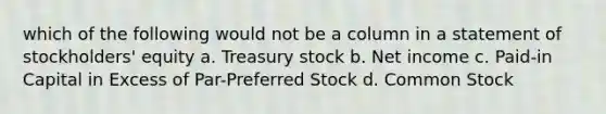 which of the following would not be a column in a statement of stockholders' equity a. Treasury stock b. Net income c. Paid-in Capital in Excess of Par-Preferred Stock d. Common Stock