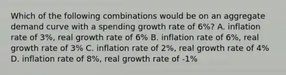 Which of the following combinations would be on an aggregate demand curve with a spending growth rate of 6%? A. inflation rate of 3%, real growth rate of 6% B. inflation rate of 6%, real growth rate of 3% C. inflation rate of 2%, real growth rate of 4% D. inflation rate of 8%, real growth rate of -1%