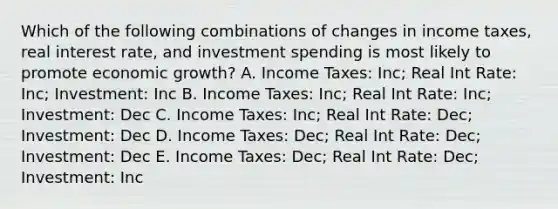 Which of the following combinations of changes in income taxes, real interest rate, and investment spending is most likely to promote economic growth? A. Income Taxes: Inc; Real Int Rate: Inc; Investment: Inc B. Income Taxes: Inc; Real Int Rate: Inc; Investment: Dec C. Income Taxes: Inc; Real Int Rate: Dec; Investment: Dec D. Income Taxes: Dec; Real Int Rate: Dec; Investment: Dec E. Income Taxes: Dec; Real Int Rate: Dec; Investment: Inc