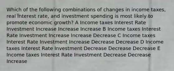 Which of the following combinations of changes in income taxes, real interest rate, and investment spending is most likely to promote economic growth? A Income taxes Interest Rate Investment Increase Increase Increase B Income taxes Interest Rate Investment Increase Increase Decrease C Income taxes Interest Rate Investment Increase Decrease Decrease D Income taxes Interest Rate Investment Decrease Decrease Decrease E Income taxes Interest Rate Investment Decrease Decrease Increase