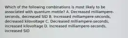 Which of the following combinations is most likely to be associated with quantum mottle? A. Decreased milliampere-seconds, decreased SID B. Increased milliampere-seconds, decreased kilovoltage C. Decreased milliampere-seconds, increased kilovoltage D. Increased milliampere-seconds, increased SID