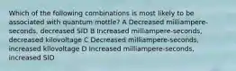 Which of the following combinations is most likely to be associated with quantum mottle? A Decreased milliampere-seconds, decreased SID B Increased milliampere-seconds, decreased kilovoltage C Decreased milliampere-seconds, increased kilovoltage D Increased milliampere-seconds, increased SID