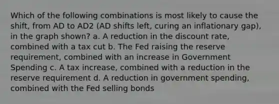 Which of the following combinations is most likely to cause the shift, from AD to AD2 (AD shifts left, curing an inflationary gap), in the graph shown? a. A reduction in the discount rate, combined with a tax cut b. The Fed raising the reserve requirement, combined with an increase in Government Spending c. A tax increase, combined with a reduction in the reserve requirement d. A reduction in government spending, combined with the Fed selling bonds