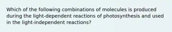 Which of the following combinations of molecules is produced during the light-dependent reactions of photosynthesis and used in the light-independent reactions?