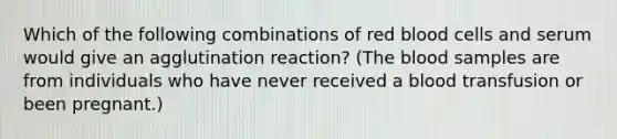 Which of the following combinations of red blood cells and serum would give an agglutination reaction? (<a href='https://www.questionai.com/knowledge/k7oXMfj7lk-the-blood' class='anchor-knowledge'>the blood</a> samples are from individuals who have never received a blood transfusion or been pregnant.)