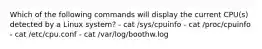 Which of the following commands will display the current CPU(s) detected by a Linux system? - cat /sys/cpuinfo - cat /proc/cpuinfo - cat /etc/cpu.conf - cat /var/log/boothw.log