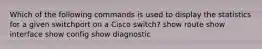 Which of the following commands is used to display the statistics for a given switchport on a Cisco switch? show route show interface show config show diagnostic