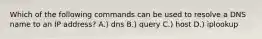 Which of the following commands can be used to resolve a DNS name to an IP address? A.) dns B.) query C.) host D.) iplookup