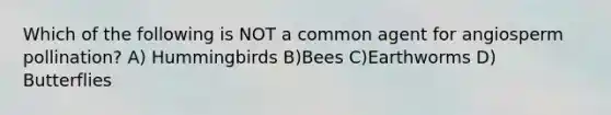 Which of the following is NOT a common agent for angiosperm pollination? A) Hummingbirds B)Bees C)Earthworms D) Butterflies