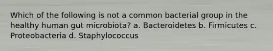 Which of the following is not a common bacterial group in the healthy human gut microbiota? a. Bacteroidetes b. Firmicutes c. Proteobacteria d. Staphylococcus