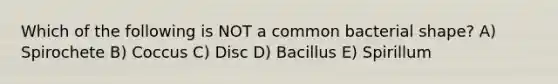 Which of the following is NOT a common bacterial shape? A) Spirochete B) Coccus C) Disc D) Bacillus E) Spirillum