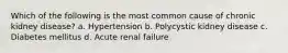 Which of the following is the most common cause of chronic kidney disease? a. Hypertension b. Polycystic kidney disease c. Diabetes mellitus d. Acute renal failure