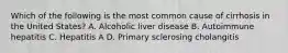 Which of the following is the most common cause of cirrhosis in the United States? A. Alcoholic liver disease B. Autoimmune hepatitis C. Hepatitis A D. Primary sclerosing cholangitis