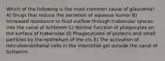 Which of the following is the most common cause of glaucoma? A) Drugs that reduce the secretion of aqueous humor B) Increased resistance to fluid outflow through trabecular spaces into the canal of Schlemm C) Normal function of phagocytes on the surface of trabeculae D) Phagocytoses of proteins and small particles by the epithelium of the iris E) The activation of reticuloendothelial cells in the interstitial gel outside the canal of Schlemm