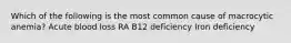 Which of the following is the most common cause of macrocytic anemia? Acute blood loss RA B12 deficiency Iron deficiency