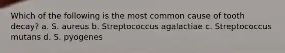 Which of the following is the most common cause of tooth decay? a. S. aureus b. Streptococcus agalactiae c. Streptococcus mutans d. S. pyogenes