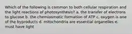 Which of the following is common to both cellular respiration and the light reactions of photosynthesis? a. the transfer of electrons to glucose b. the chemiosmotic formation of ATP c. oxygen is one of the byproducts d. mitochondria are essential organelles e. must have light